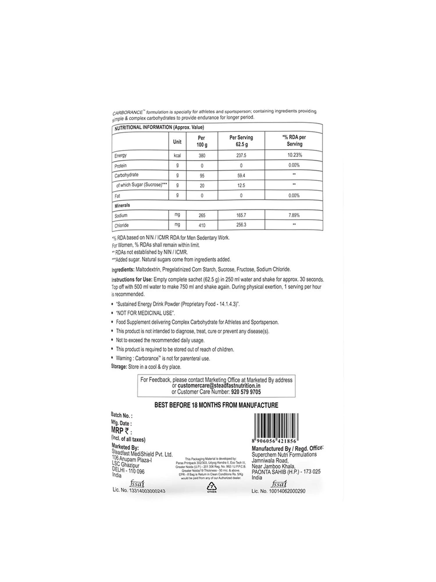 Carborance  endurance Simple & Complex Carbohydrates with Minerals Unflavoured 15 Sachets 937.5g - Image 6