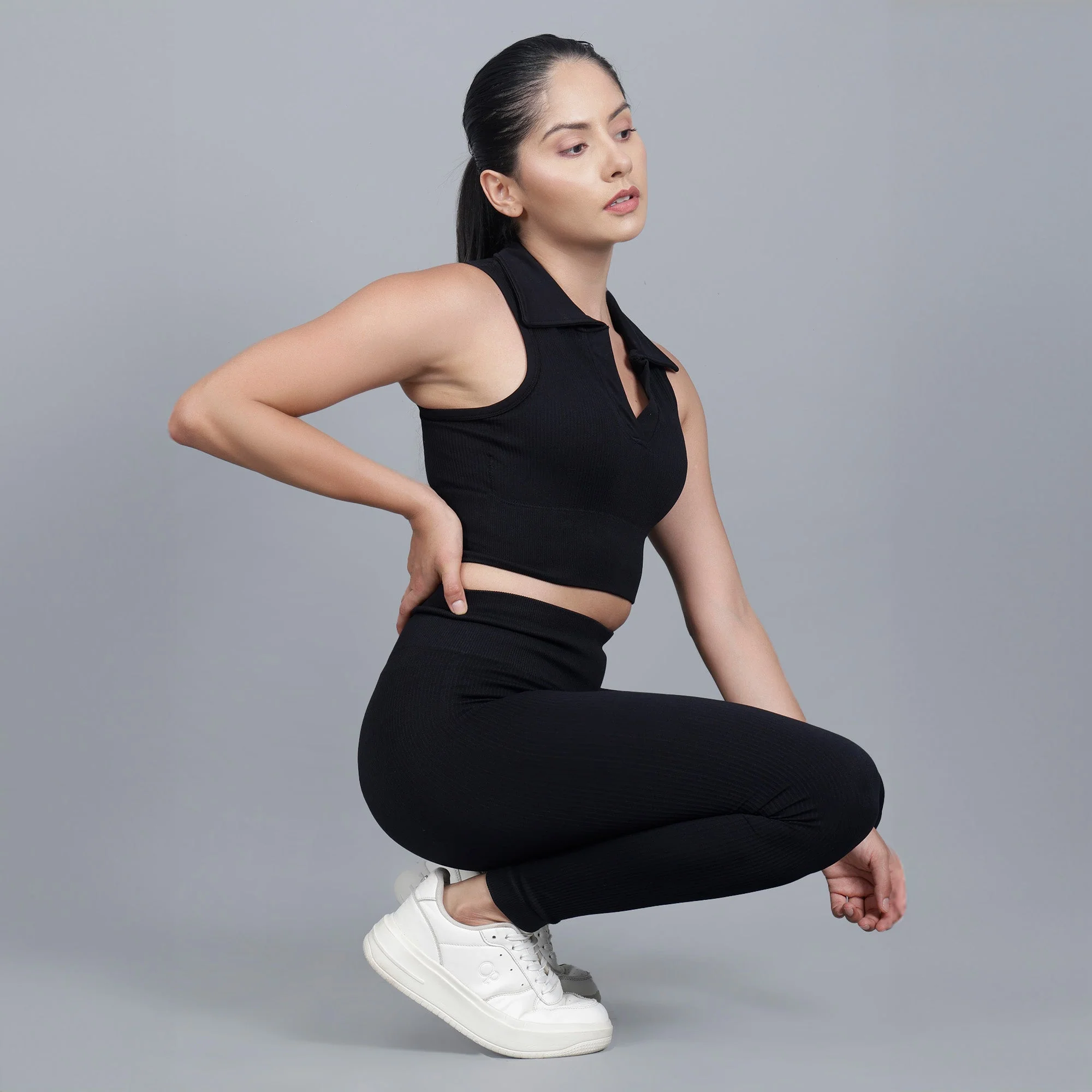 Chiclo Black Ribbed Tights With Padded Top Workout Set - Image 2