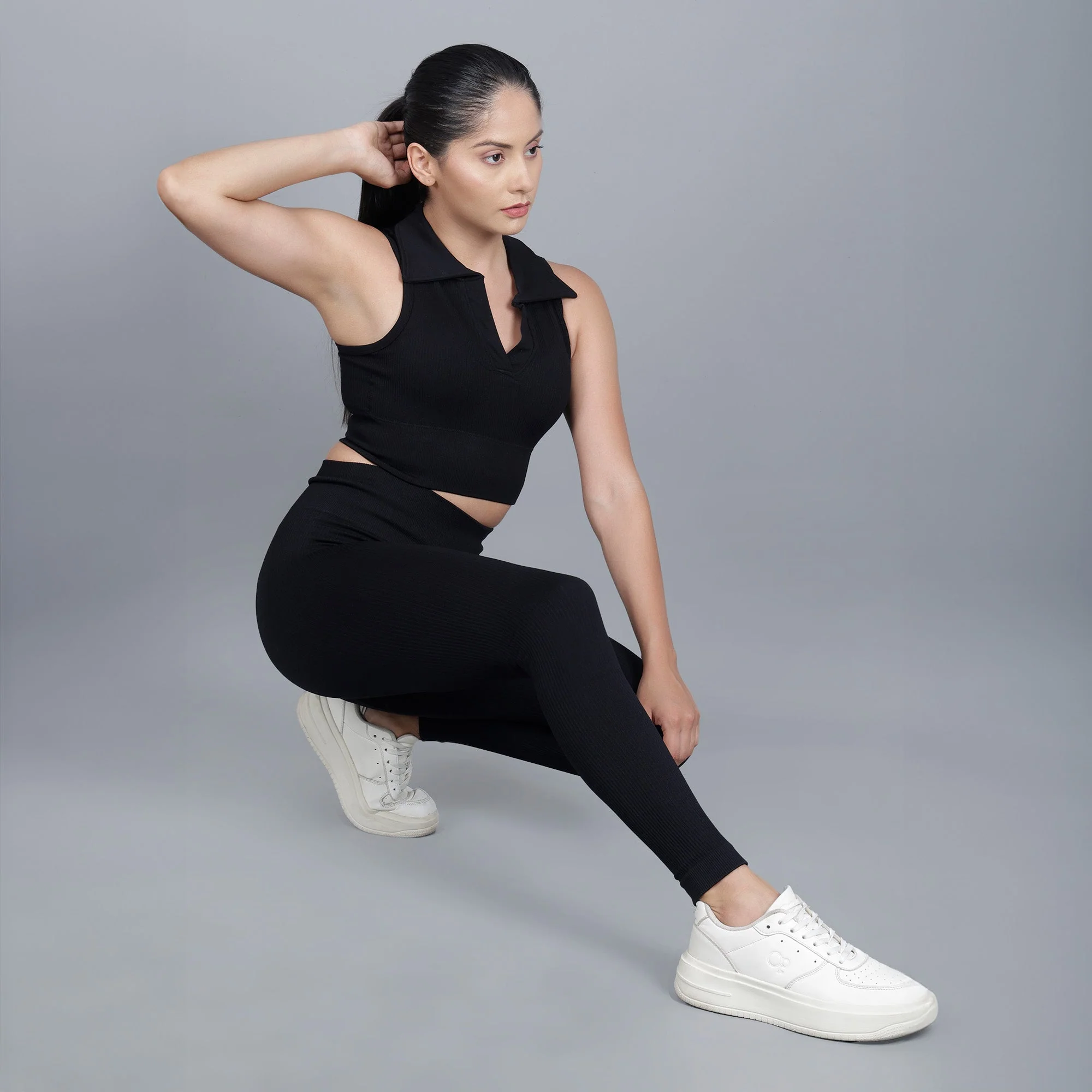 Chiclo Black Ribbed Tights With Padded Top Workout Set - Image 4