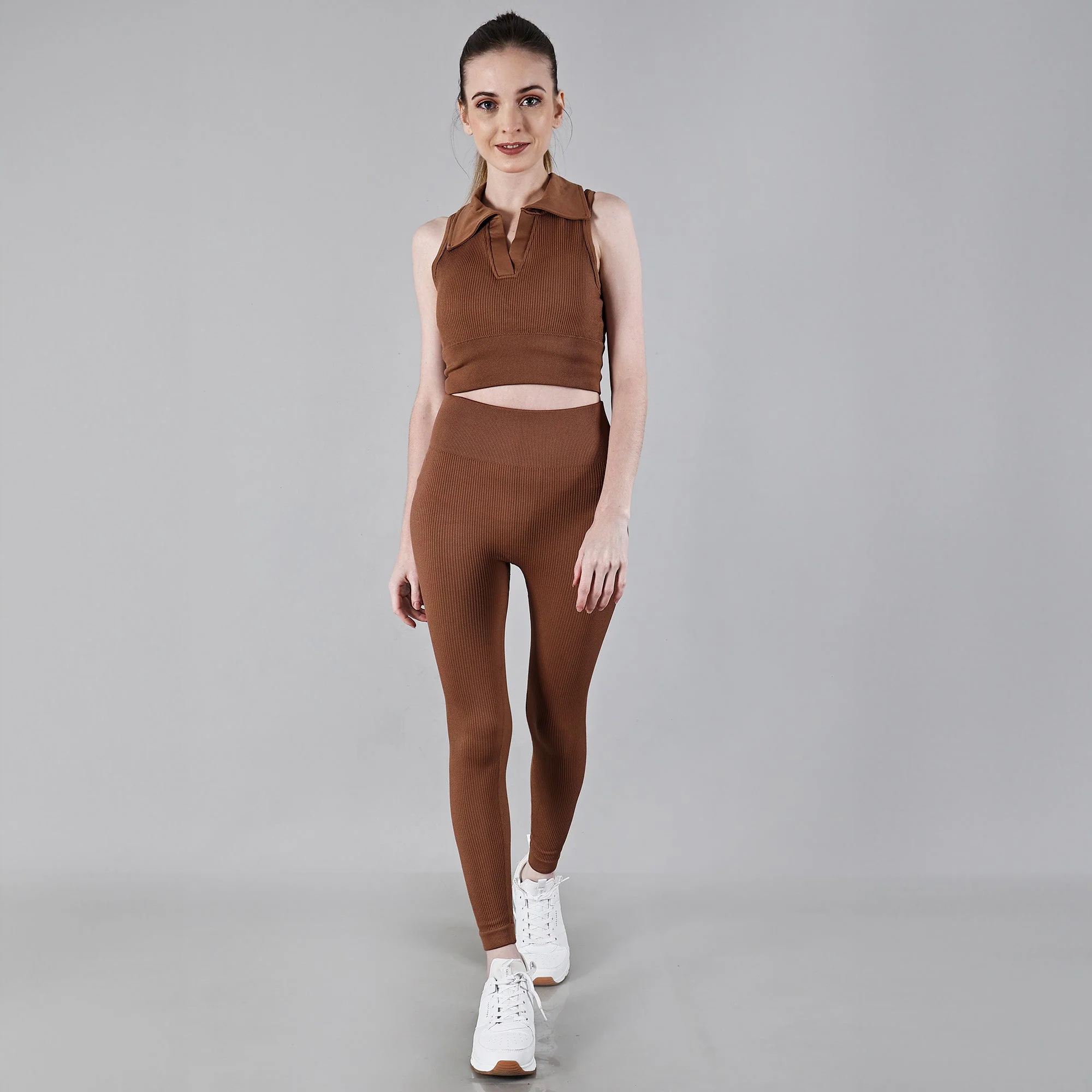 Chiclo Brown Ribbed Tights With Padded Top Workout Set - Image 3