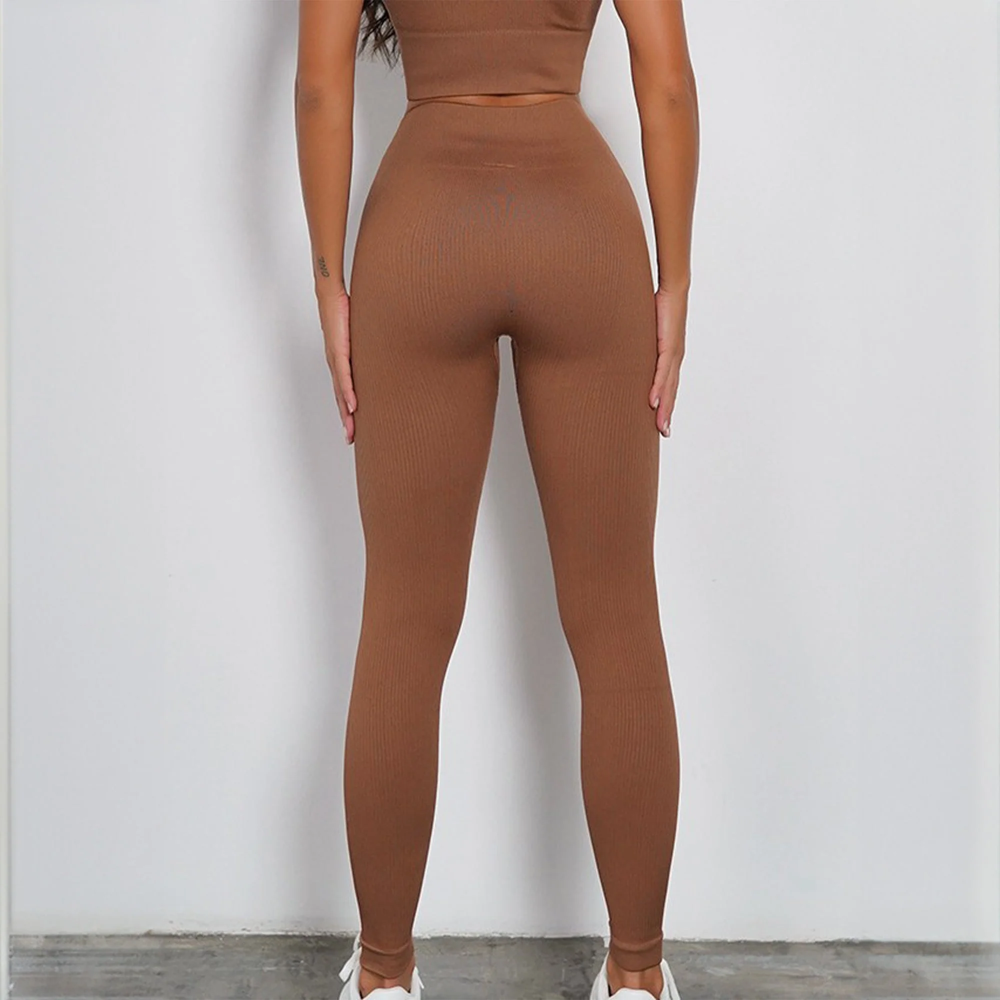 Chiclo Brown Ribbed Tights With Padded Top Workout Set - Image 5