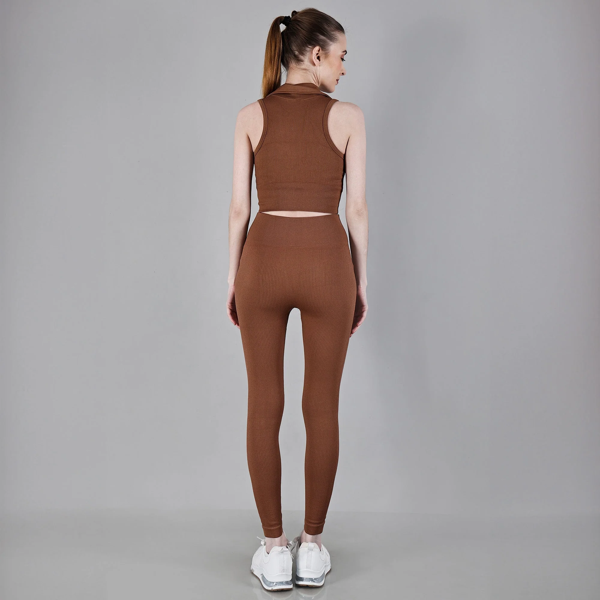 Chiclo Brown Ribbed Tights With Padded Top Workout Set - Image 7