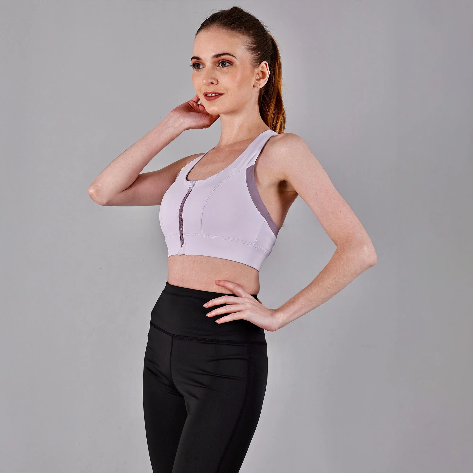 Chiclo Front Zip High Impact Lavender Sports Bra - Image 2
