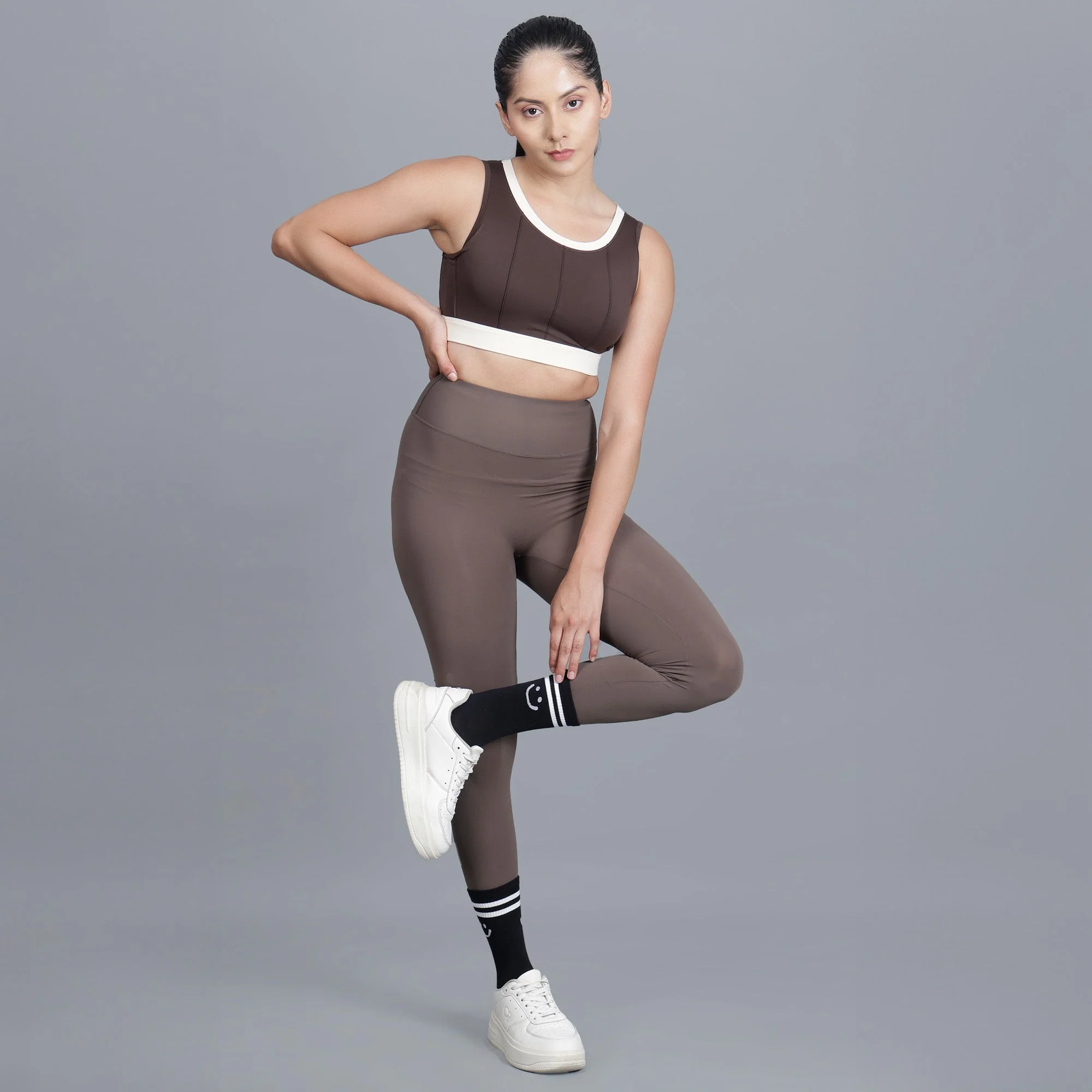 Chiclo Women's Brown Monochrome Set With Tights, Sports Bra & Socks - Image 3