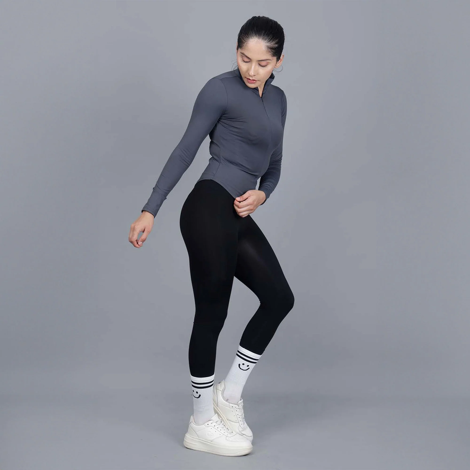 Chiclo Women's Set Featuring Black Tights, Grey Dri-fit T-shirt & Socks