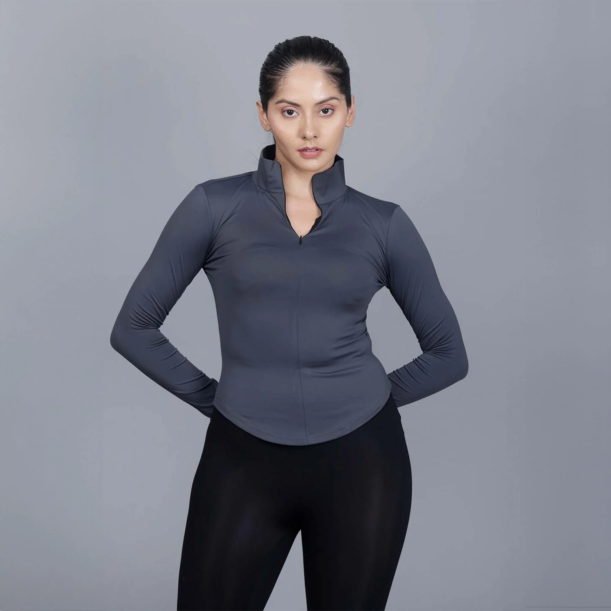 Chiclo Women's Set Featuring Black Tights, Grey Dri-fit T-shirt & Socks - Image 2