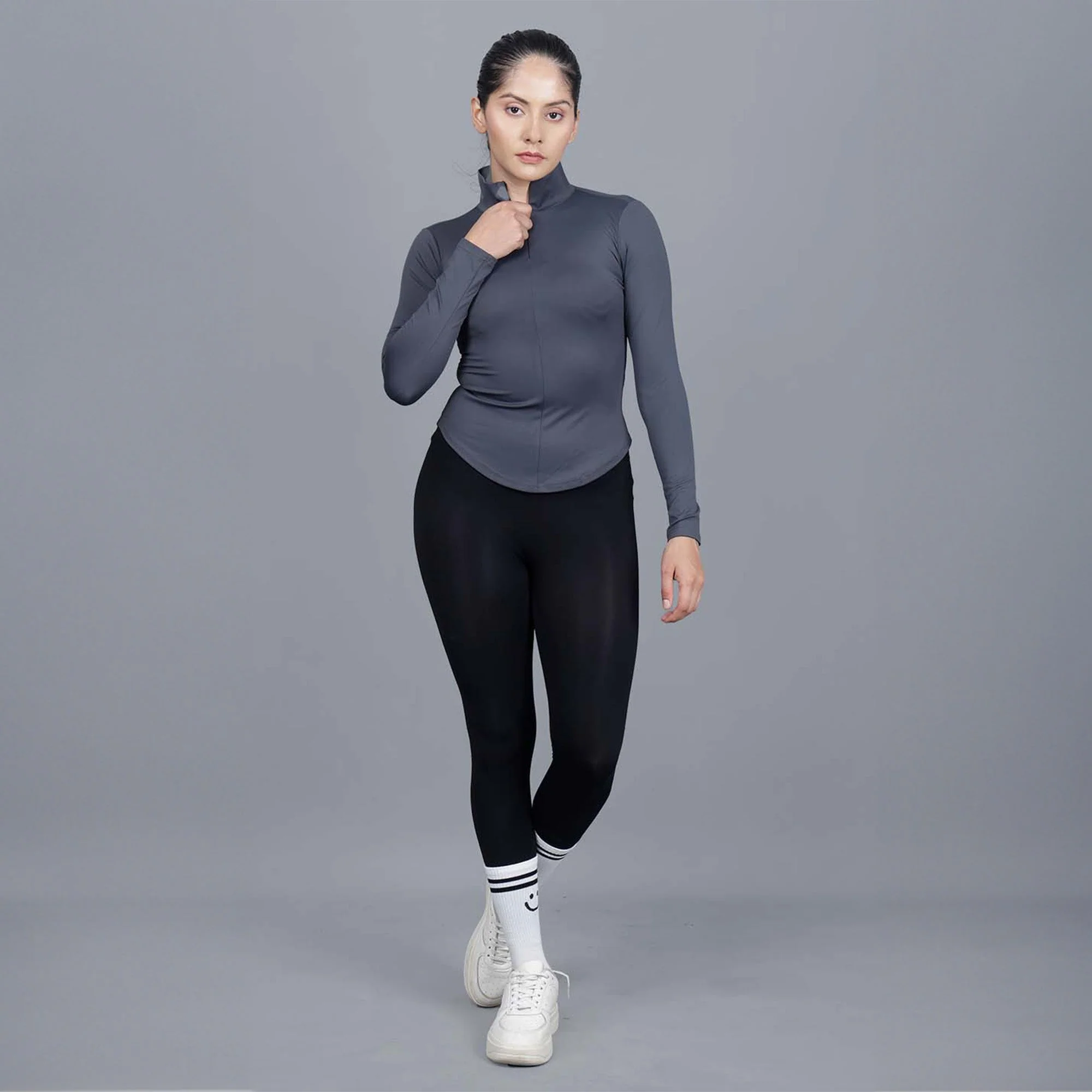 Chiclo Women's Set Featuring Black Tights, Grey Dri-fit T-shirt & Socks - Image 6