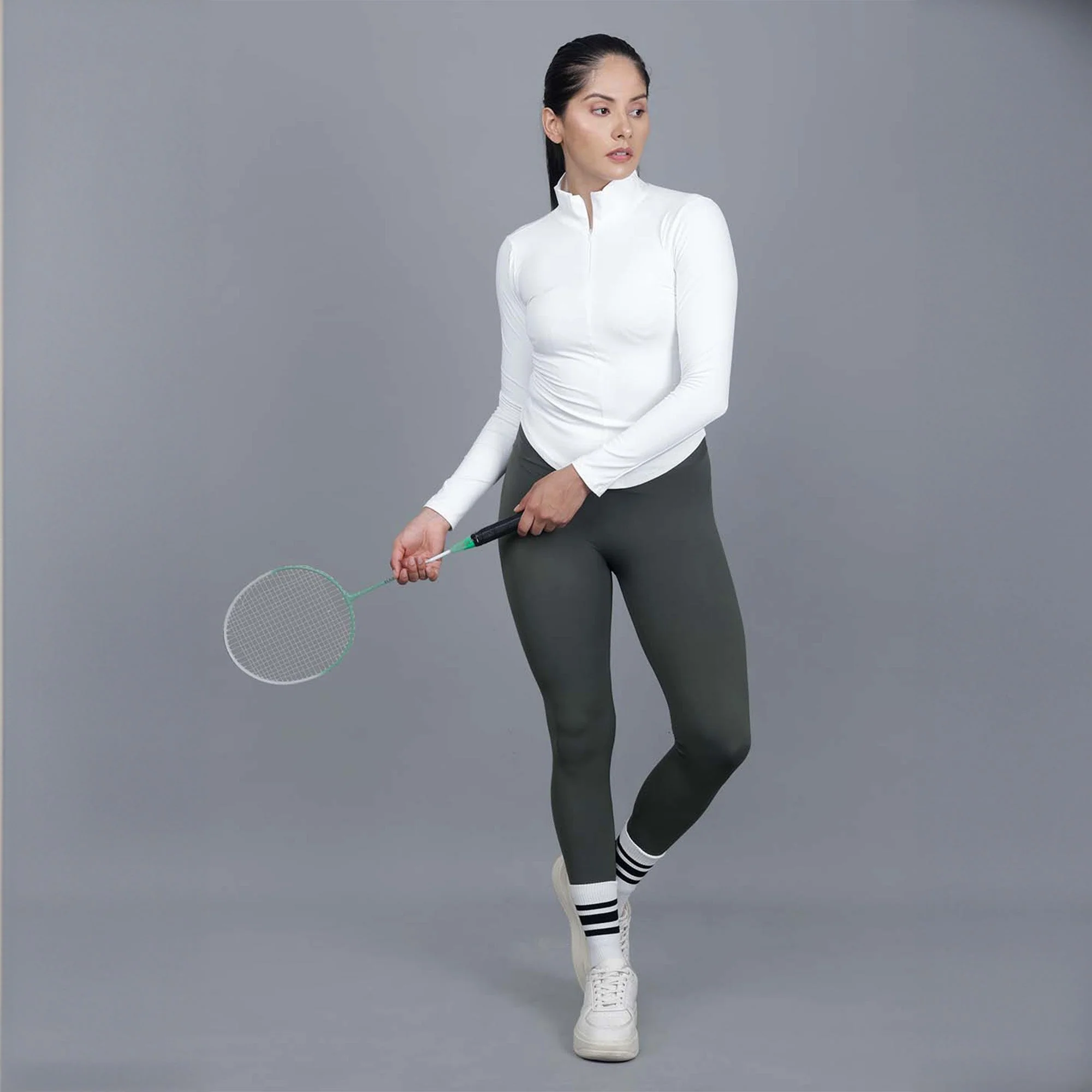 Chiclo Women's Set Featuring Green Tights, White Dri-fit T-shirt & Socks