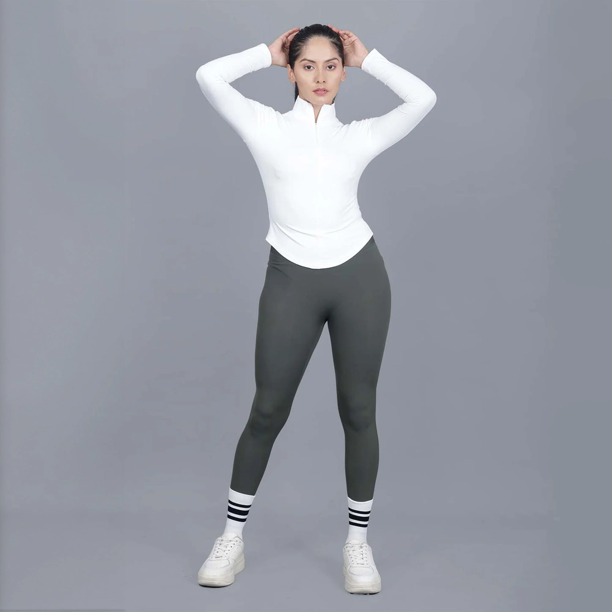 Chiclo Women's Set Featuring Green Tights, White Dri-fit T-shirt & Socks - Image 3