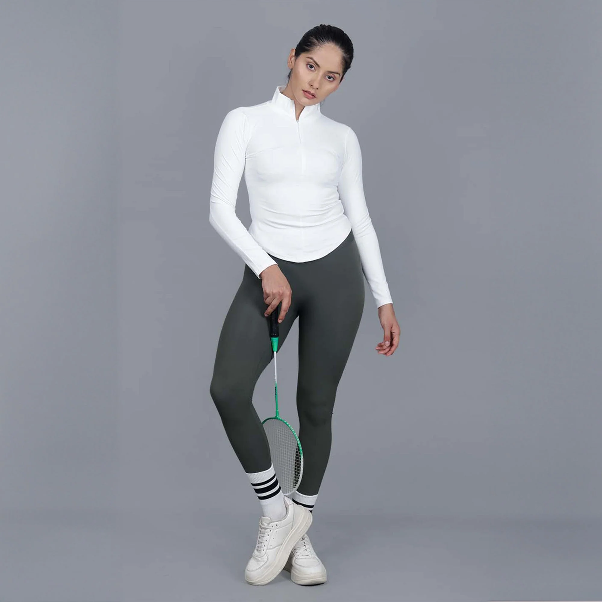 Chiclo Women's Set Featuring Green Tights, White Dri-fit T-shirt & Socks - Image 4
