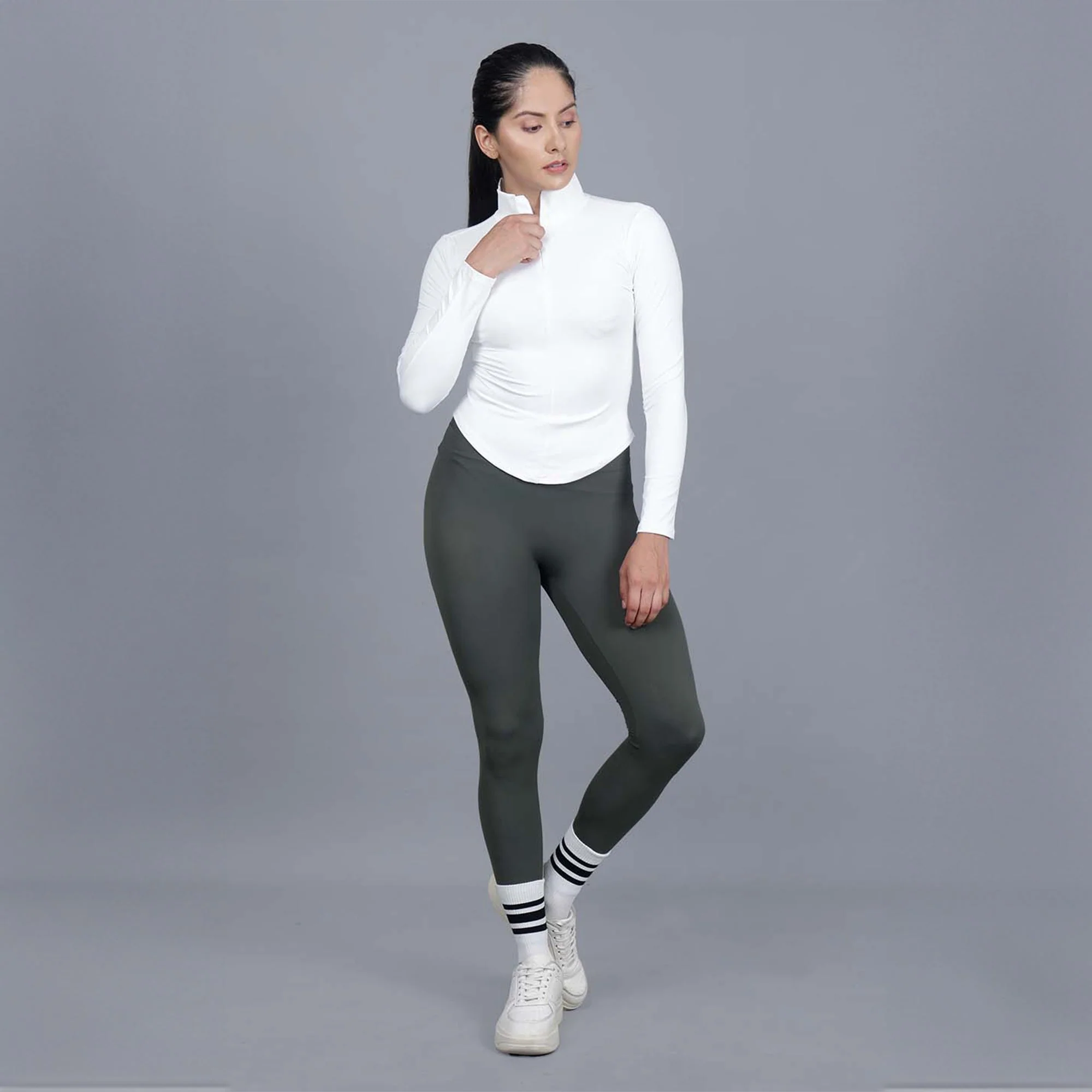 Chiclo Women's Set Featuring Green Tights, White Dri-fit T-shirt & Socks - Image 5