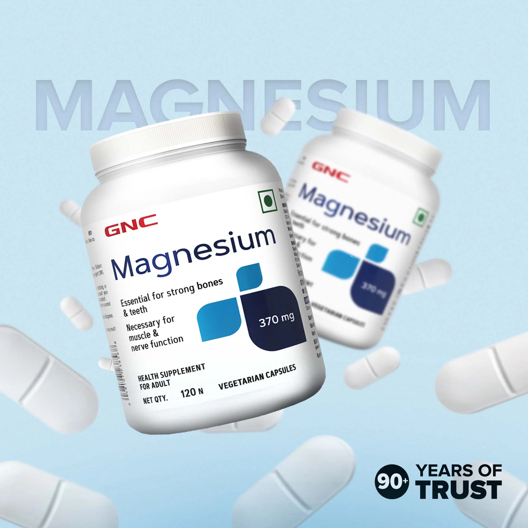GNC Magnesium 370mg | Strengthens Bones & Teeth | Promotes Calcium Absorption | Relieves Stress Symptoms | Supports Cell Functions | Formulated in USA | 370mg Per Serving | 120 Capsules - Image 2