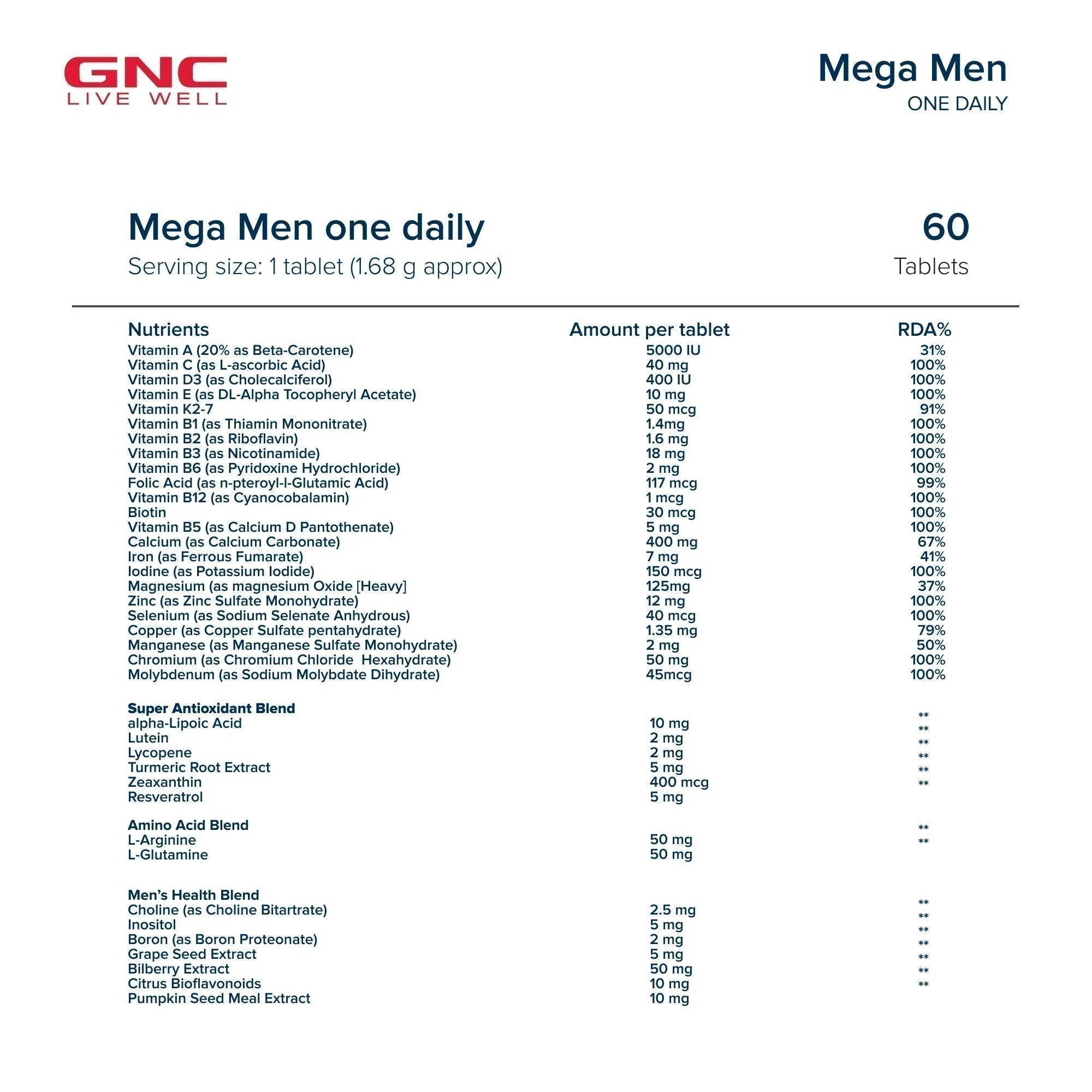 GNC Mega Men One Daily Multivitamin for Men | Promotes Men's Well-Being | Supports Muscle Function | Boosts Immunity | Improves Memory & Focus | Formulated In USA | 32 Premium Ingredients | 60 Tablets - Image 3