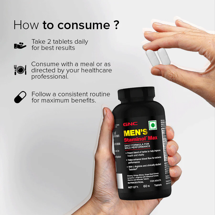 GNC Staminol Max for Men | Blend of 8 Super Herbs With Testofen | Boosts Testosterone | Harder & Longer Sessions | Improves Stamina, Vitality & Performance | Supports Sexual Health | 60 Veg Tablets - Image 6