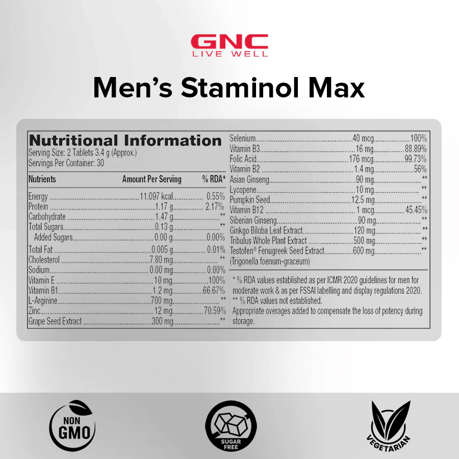 GNC Staminol Max for Men | Blend of 8 Super Herbs With Testofen | Boosts Testosterone | Harder & Longer Sessions | Improves Stamina, Vitality & Performance | Supports Sexual Health | 60 Veg Tablets - Image 7