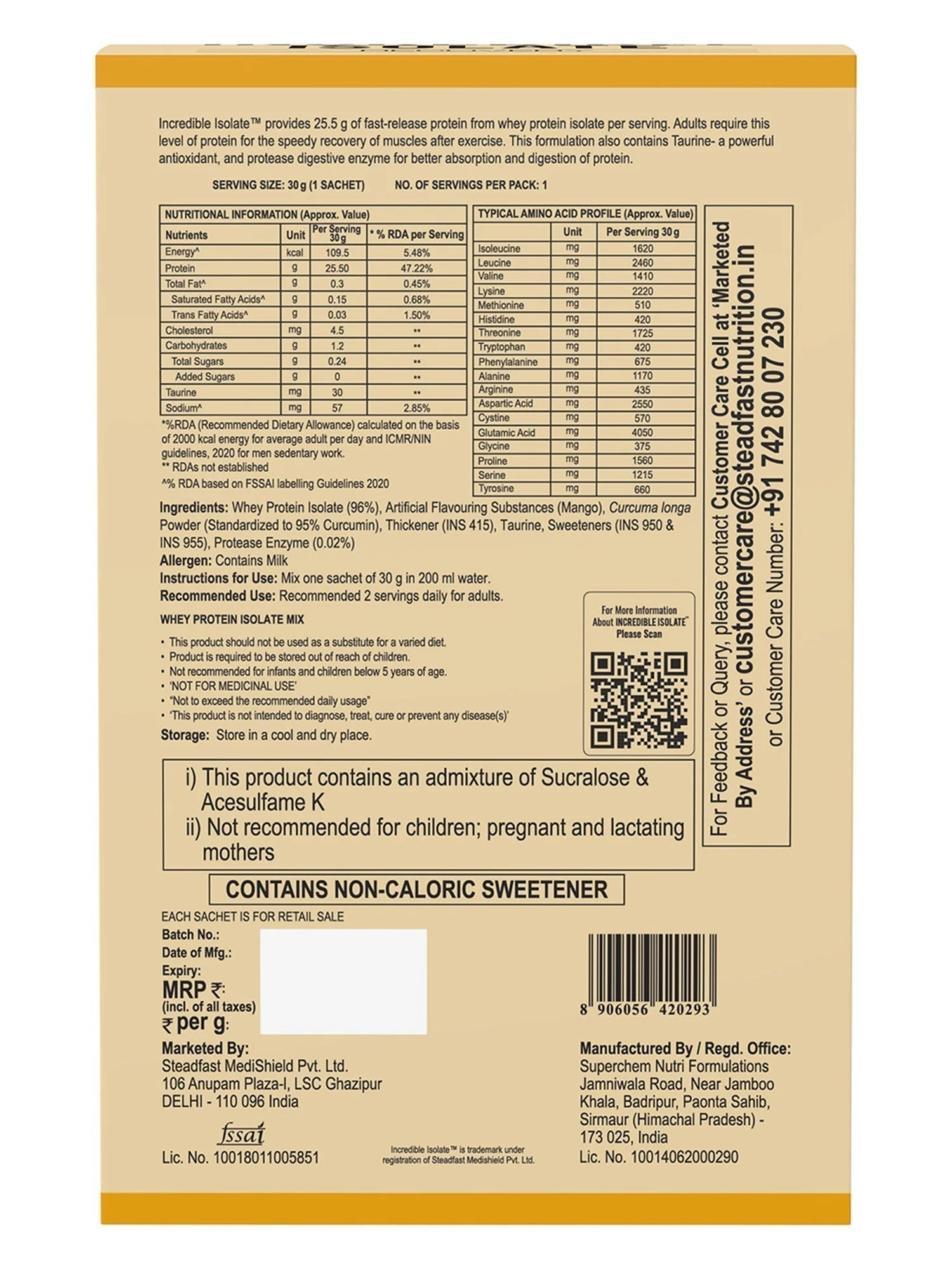 Incredible Isolate Whey protein Blend The Instant Recovery Mango 6 Sachets 180g - Image 6