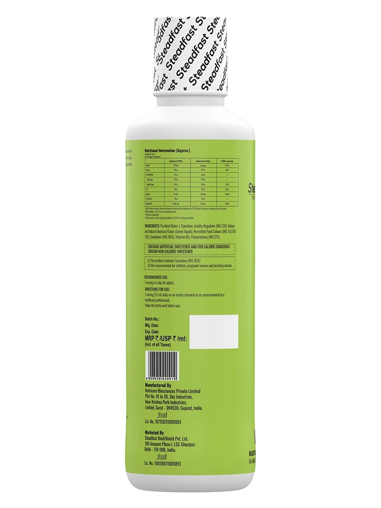L-Carnitine 3000mg Liquid Supplement Vitamin B5 450ml (Green Apple) - Image 4