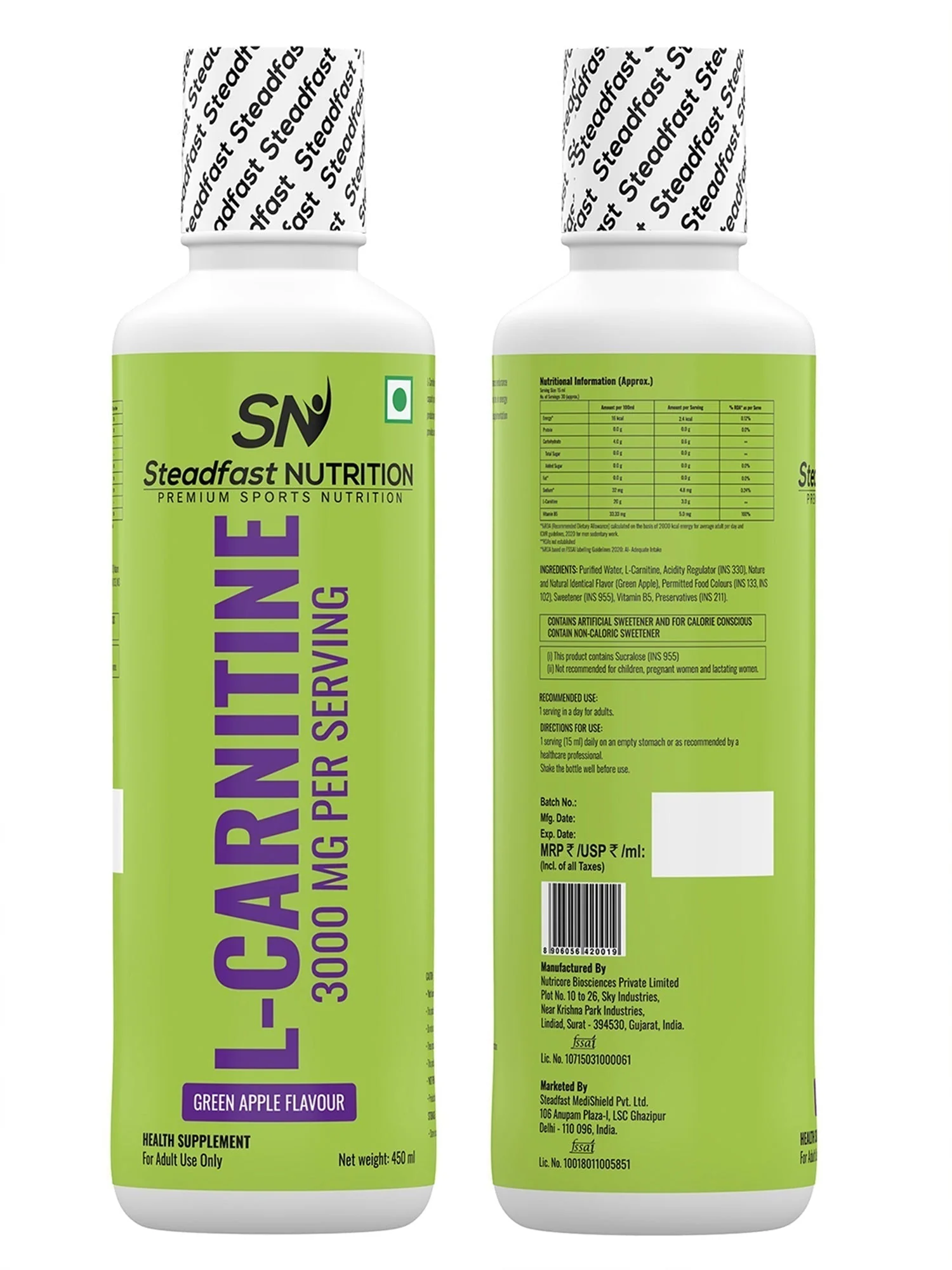 L-Carnitine 3000mg Liquid Supplement Vitamin B5 450ml (Green Apple) - Image 7