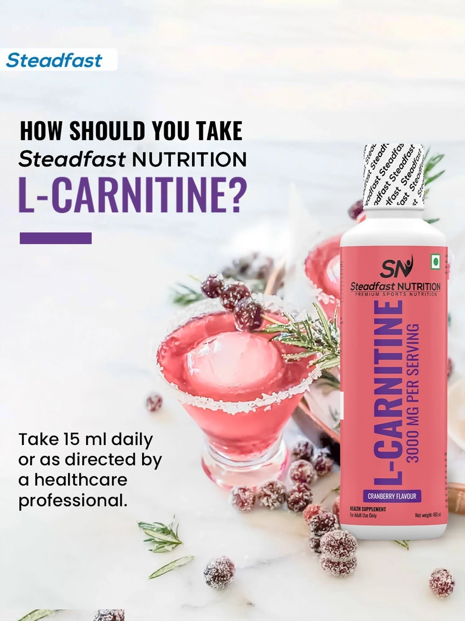 L-Carnitine 3000mg Liquid Supplement with Vitamin B5 450ml (Cranberry) - Image 4