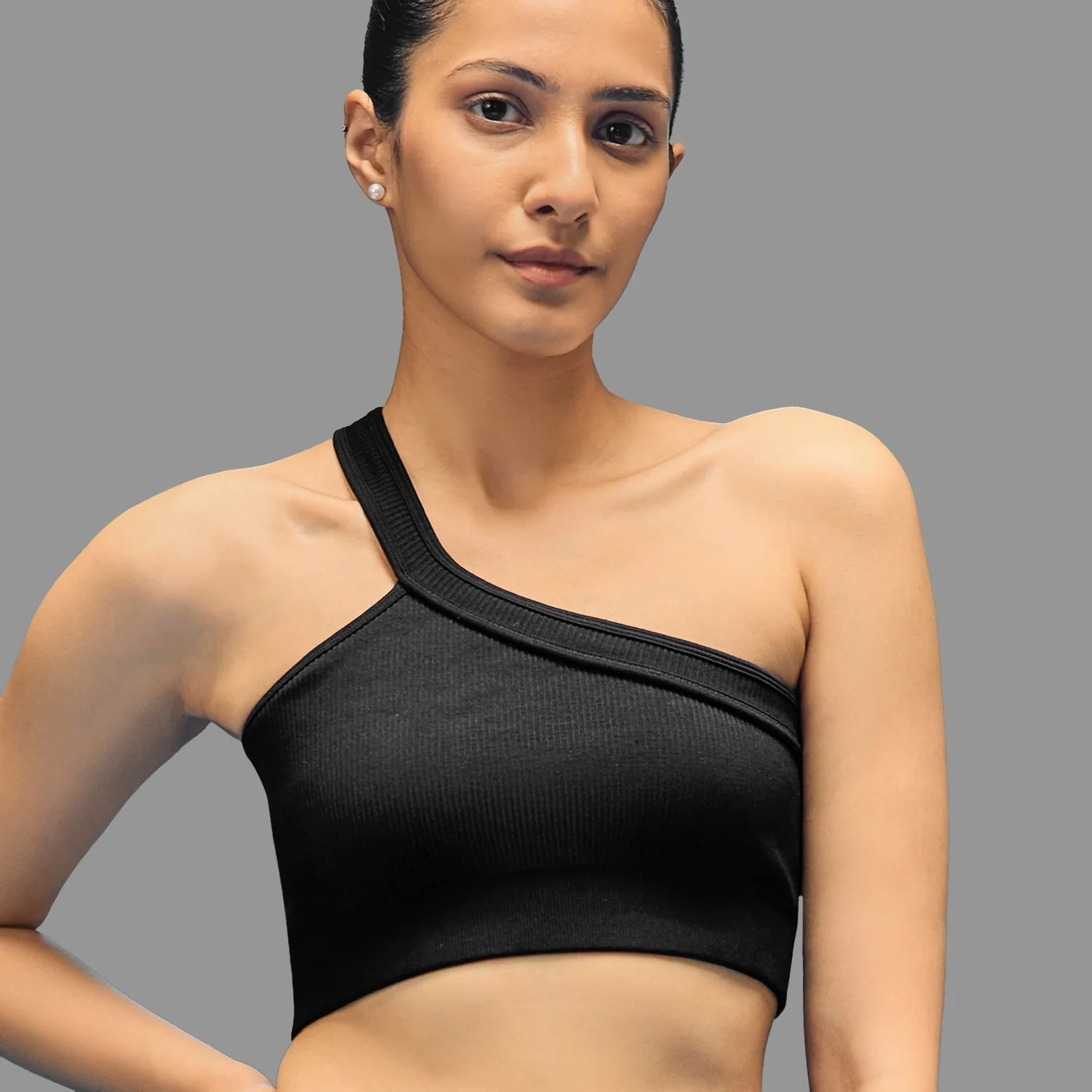 Limitless Snatched ribbed One shoulder bra - Black - Image 5