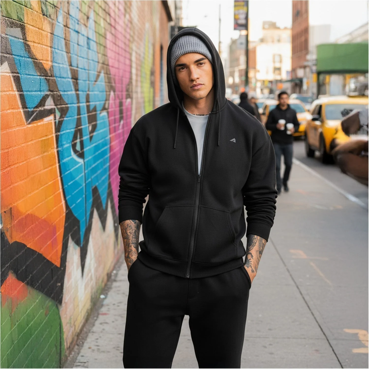 Men Jet Black Zipper Hoodie - Image 5