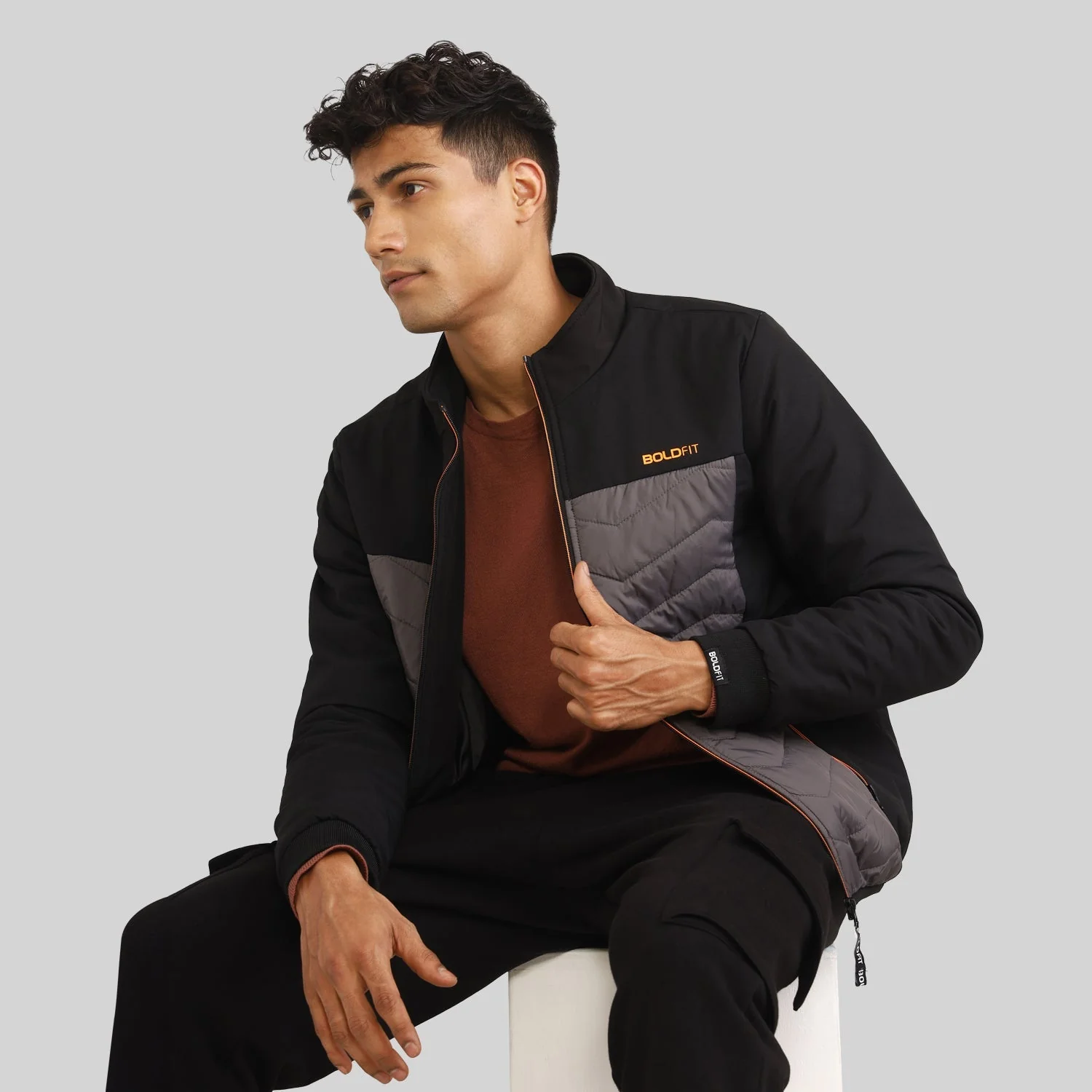 Mens Winter Bomber Jacket - Black/Grey without Cap - Image 4