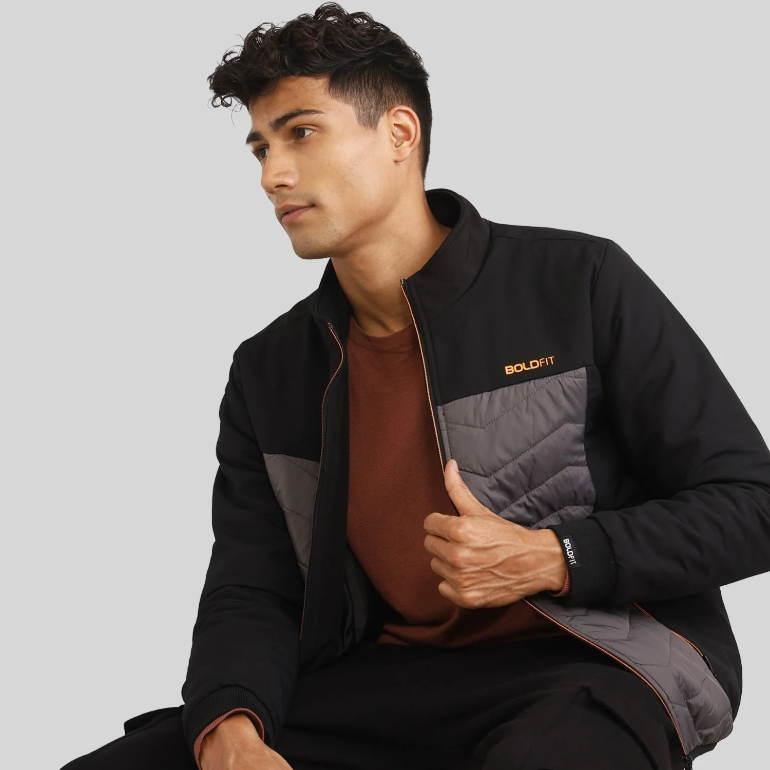 Mens Winter Bomber Jacket - Black/Grey without Cap - Image 6