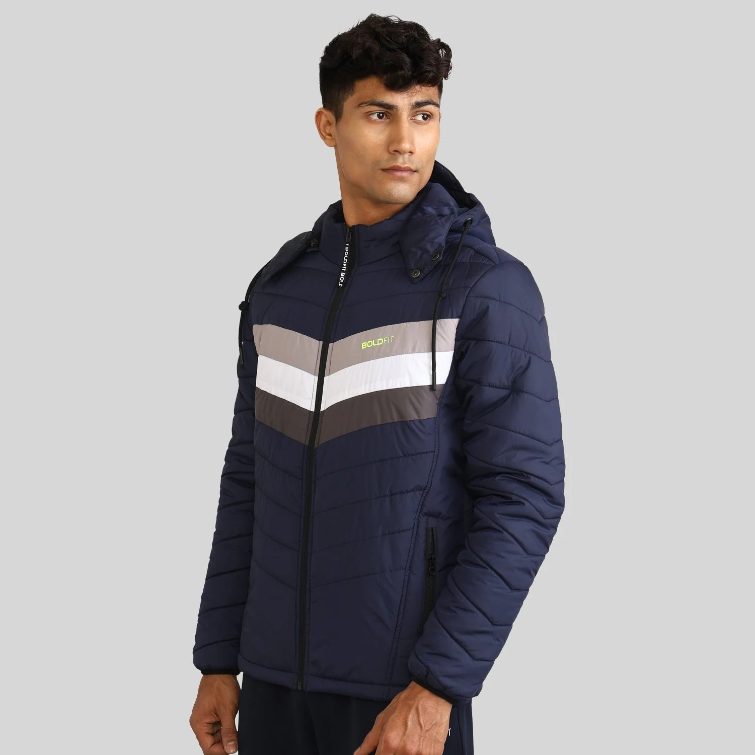 Mens Winter Bomber Jacket with Detachable Cap - Blue/White - Image 4
