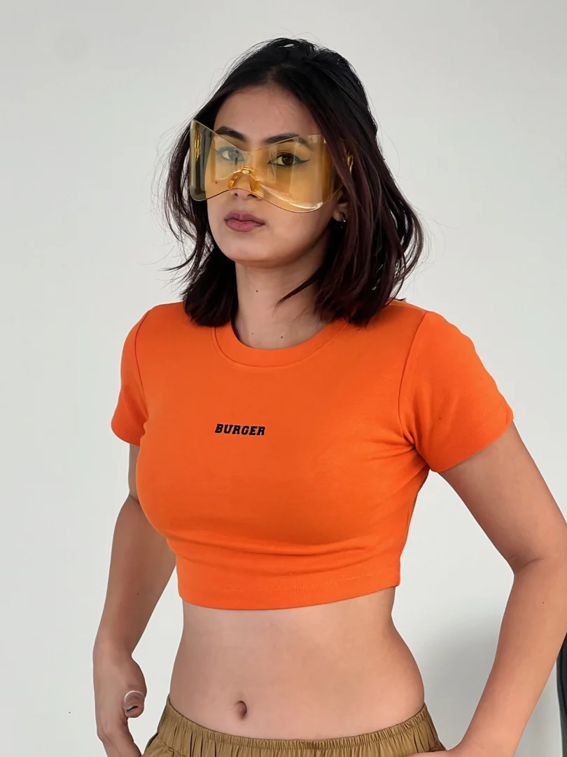 Minimal Burger logo : Round Neck Baby Tee for Women - Image 11