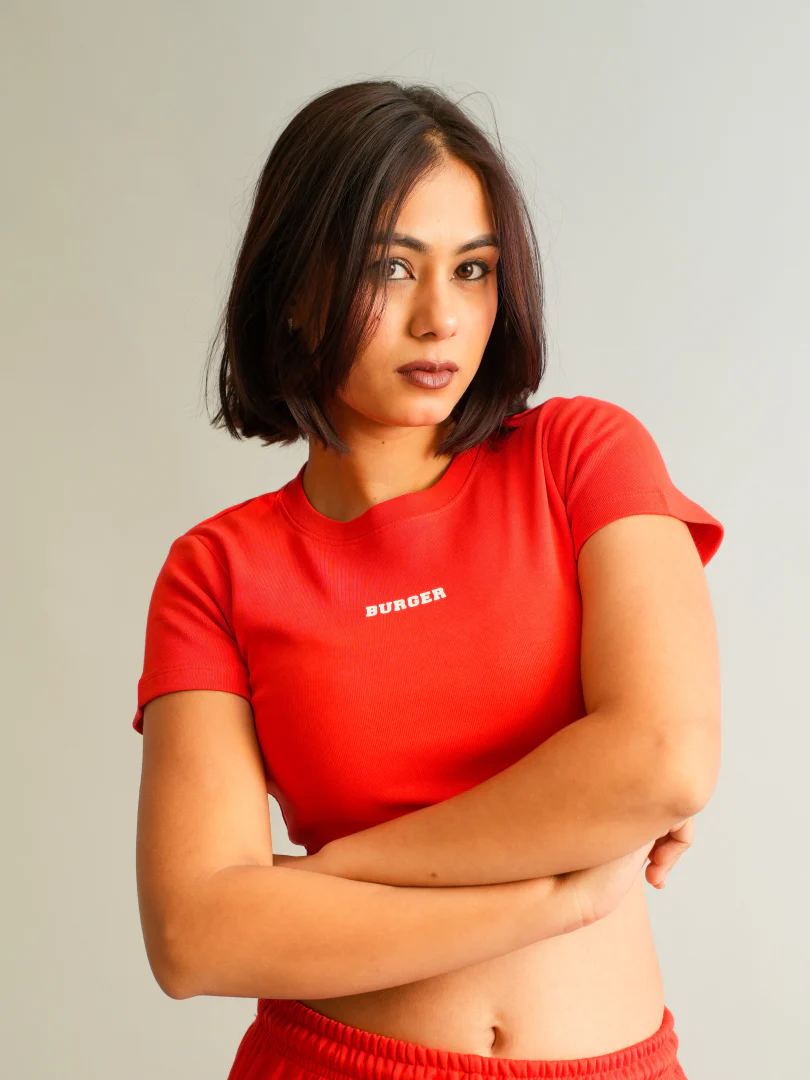 Minimal Burger logo : Round Neck Baby Tee for Women - Image 9