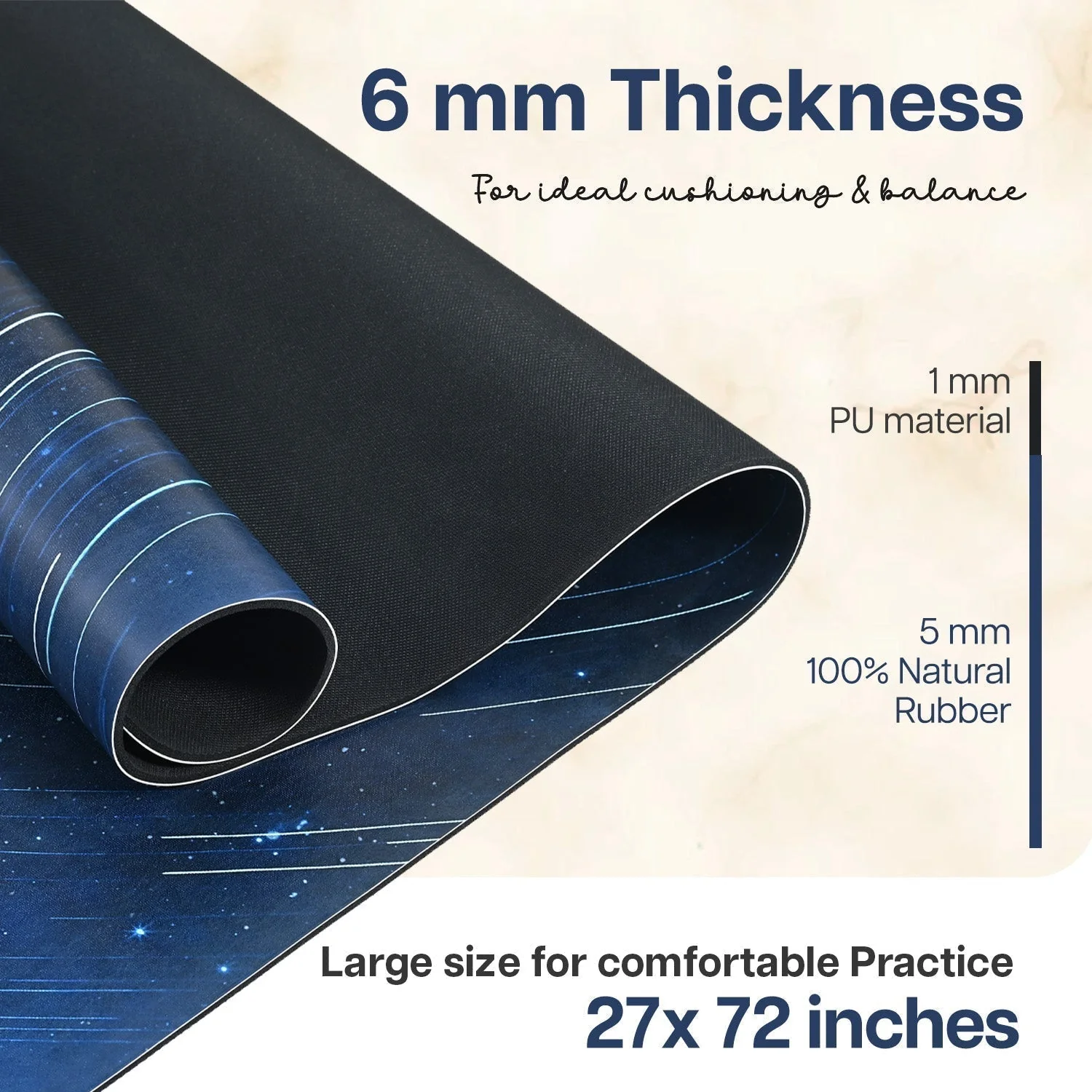 PU Printed & Natural Rubber Yoga Mat - 6mm, Night Sky - Image 3