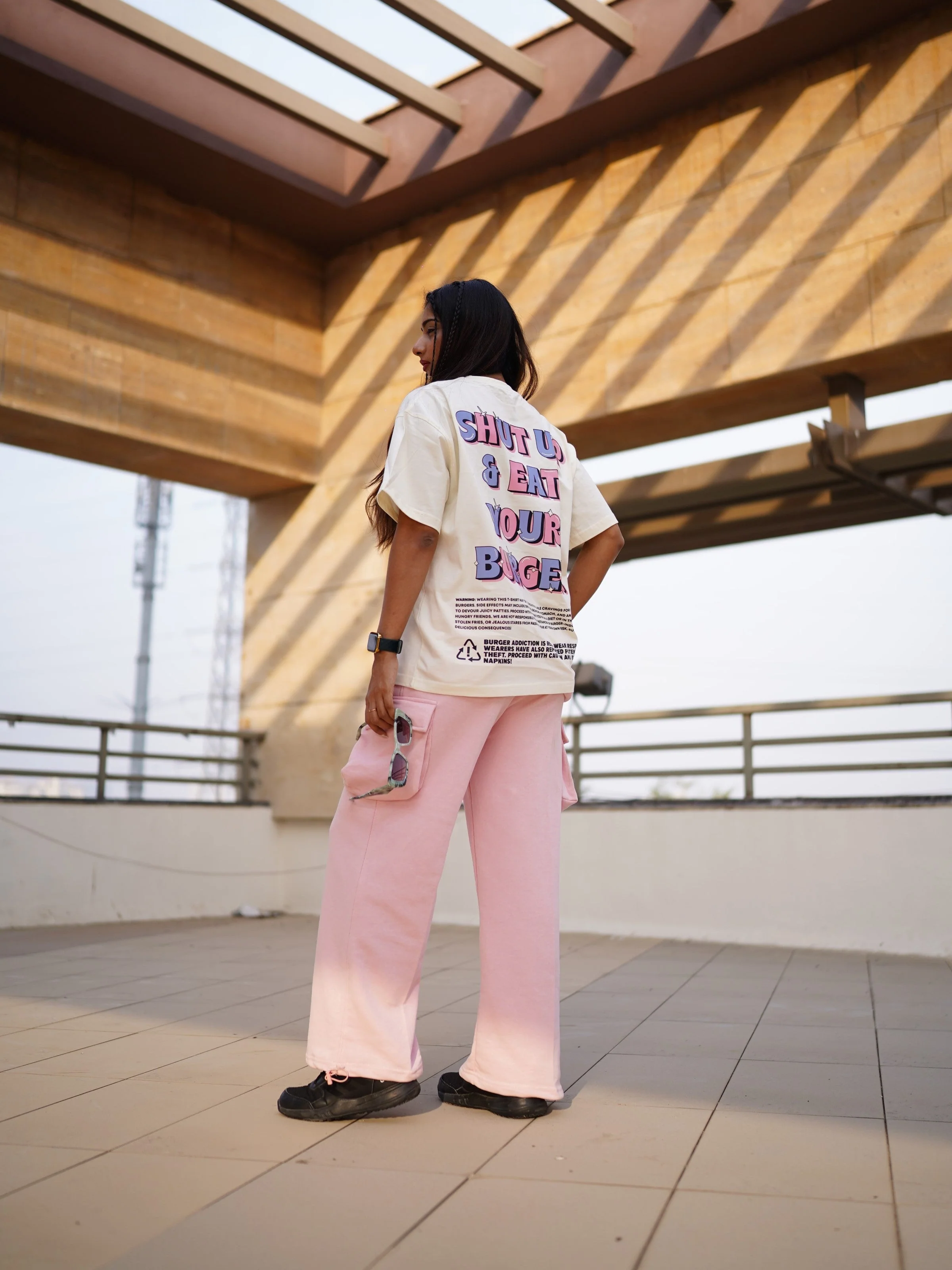 Shut up and eat your burger : Round Neck Drop Shoulder Tee For Men and Women - Image 2