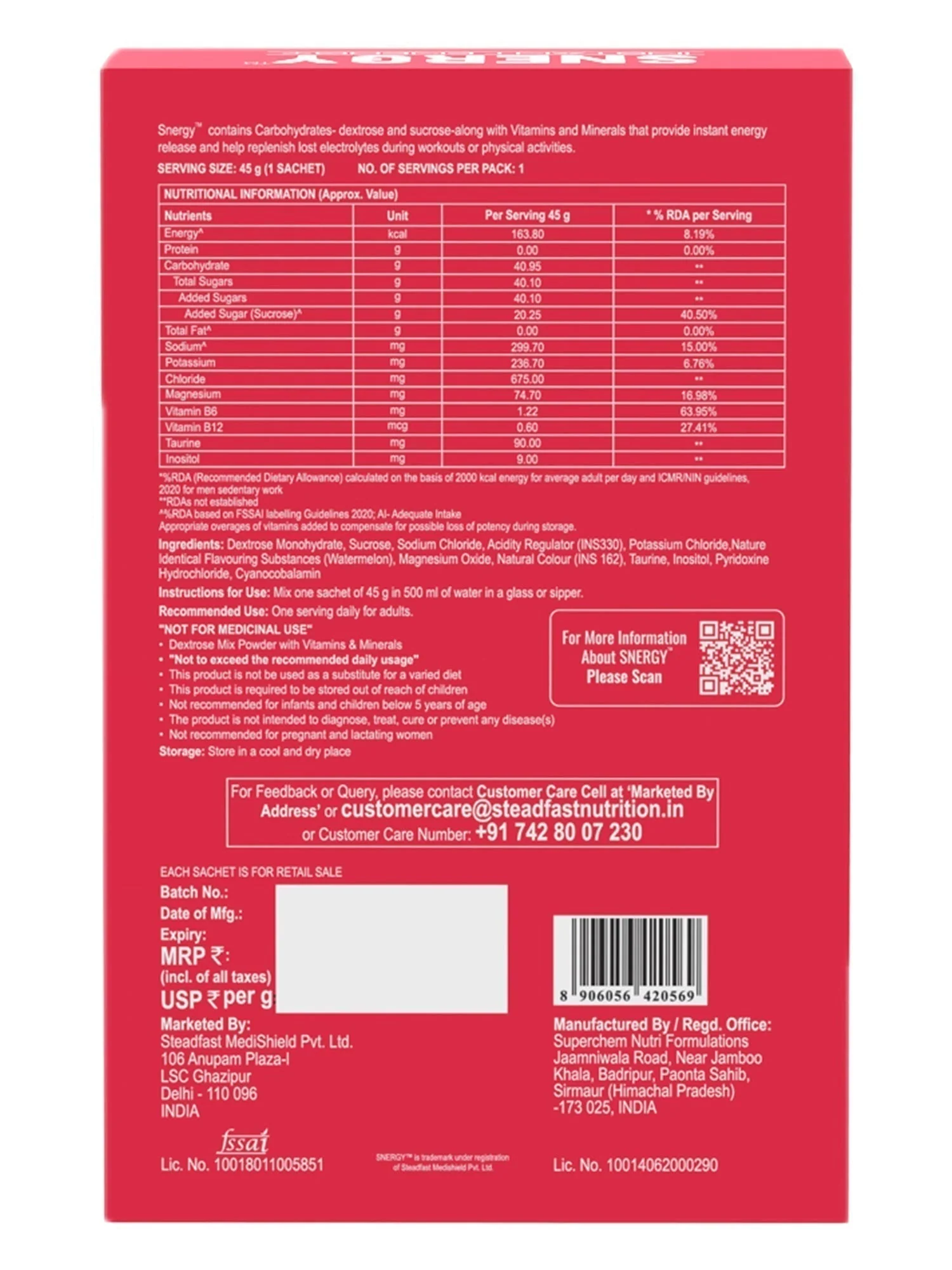 Snergy Hydration Pre workout Supplement Watermelon 6 Sachets 270g - Image 4