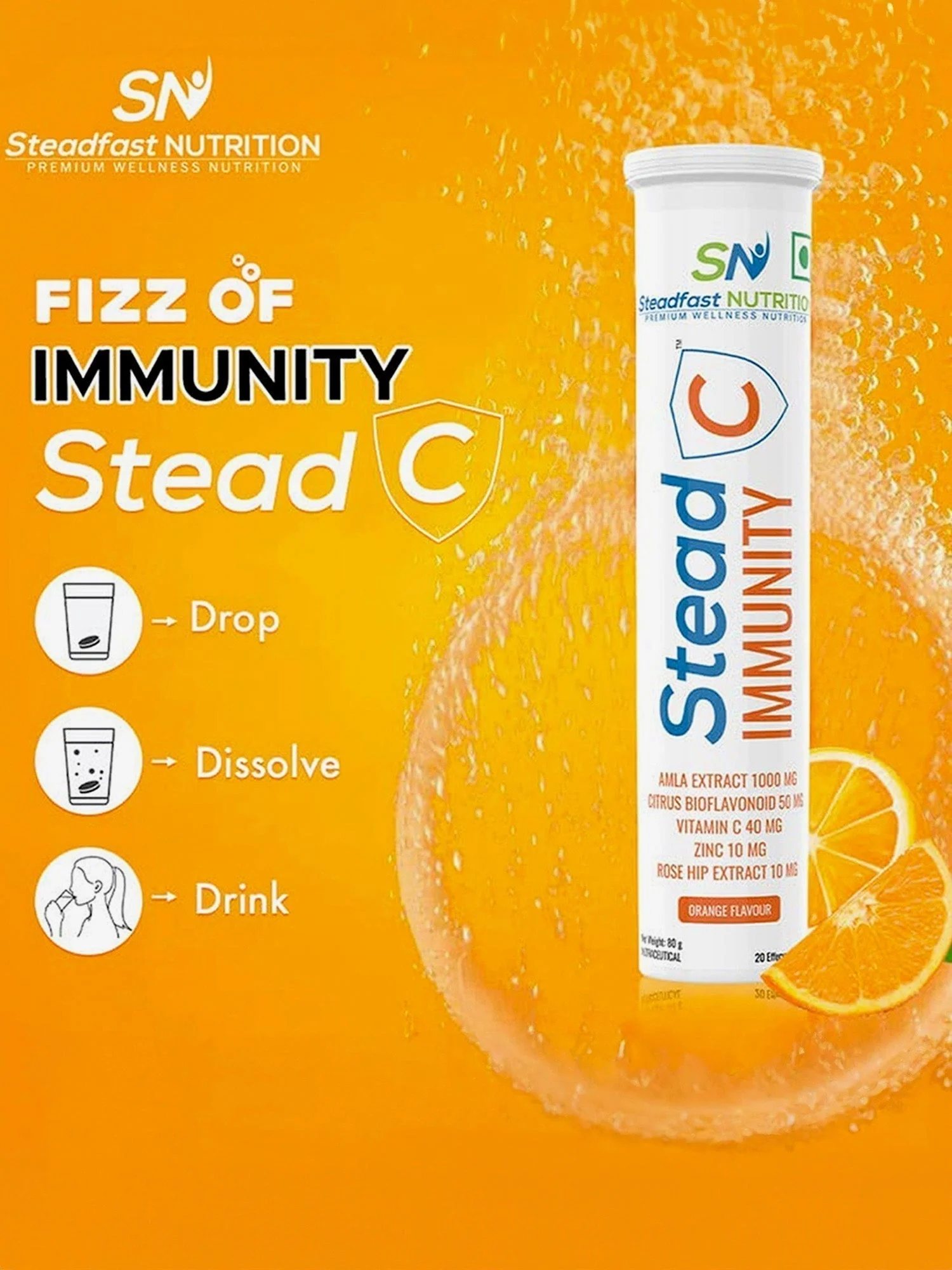SteadC Goodness of Amla Extract Vitamin C Zinc & Rose Hips Extract Orange Flavour 20Tabs 80g - Image 3