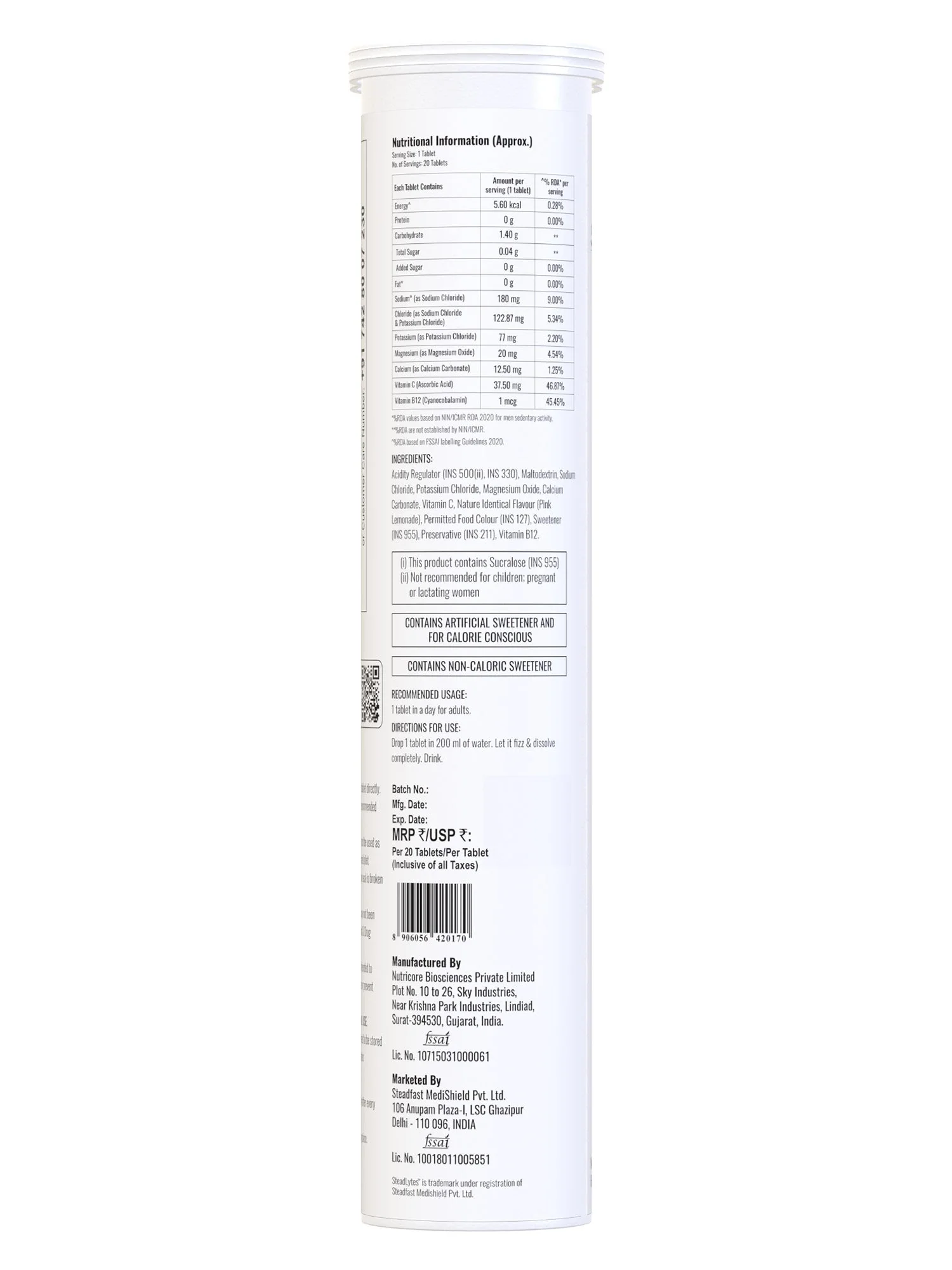 Steadlytes Instant Hydration & Energy Drink Electrolytes Pink Lemonade 20 Tabs 80g - Image 7