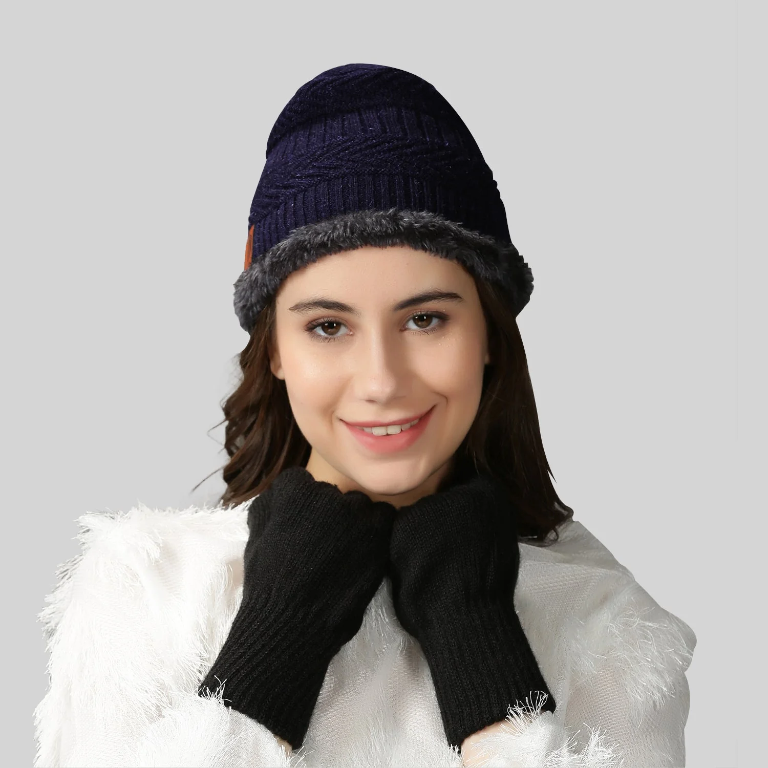 Winter Cap Set with Gloves - Blue Black - Image 4